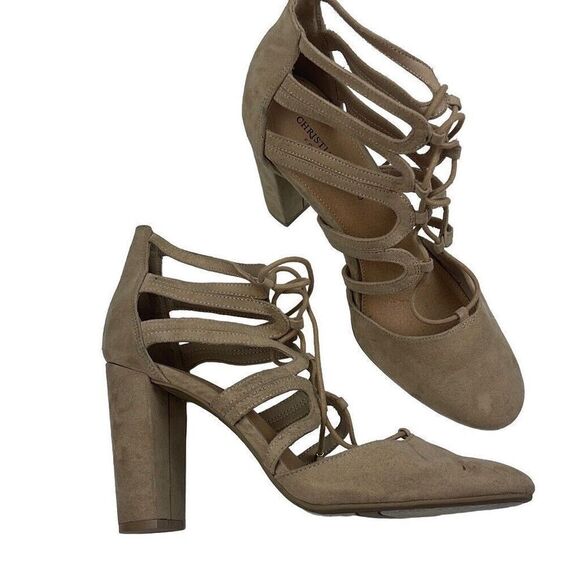 Christian Siriano Block Heel Strappy Round Toe Suede Shoe Tan 4" Women's Size 10 - Picture 1 of 7